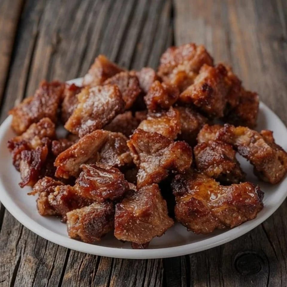 A white plate filled with golden-brown, crispy Haitian griot pork pieces on a rustic wooden table.